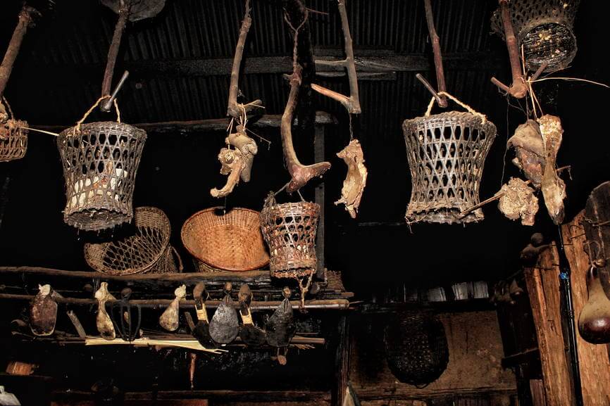 The traditional baskets and agriculture tools 