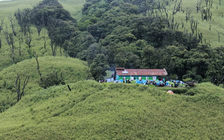 The guesthouse and the over crowded camping site of Dzukou Valley