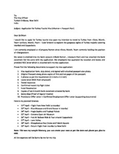 cover letter for turkey tourist visa from india