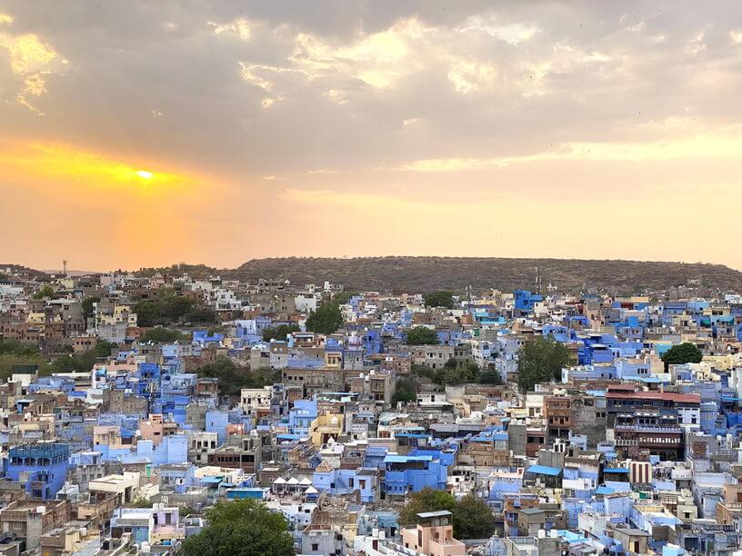 Beautiful sunset overlooking the blue houses in Jodhpur 