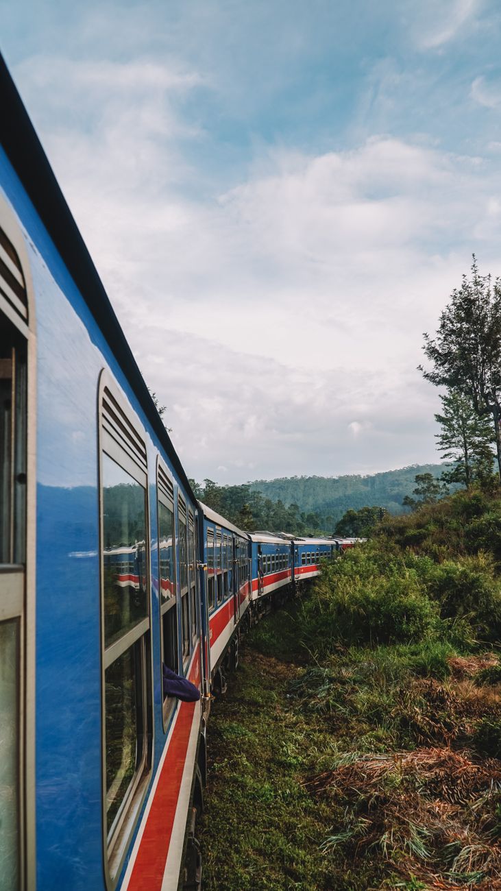 red and blue train on rail tracks