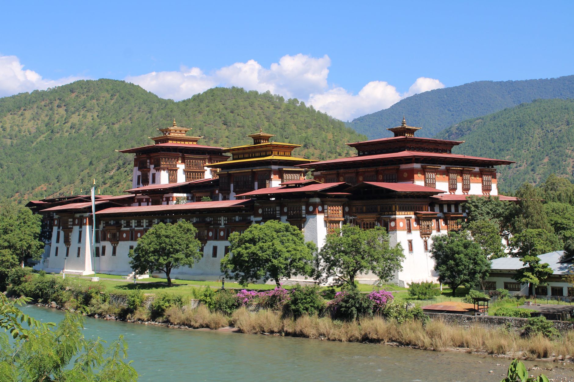 punakha dzong in bhutan with scenic mountain backdrop